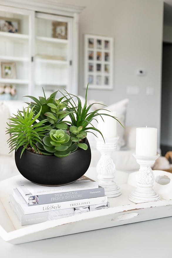Fake Plants Artificial Succulents in Pots Faux Succulent Arrangement Potted Plant in Black Ceramic Planter Bowl for Home Decor Office Desk Bathroom Shelf Living Room Indoor Decorations-VerdiqueGarden