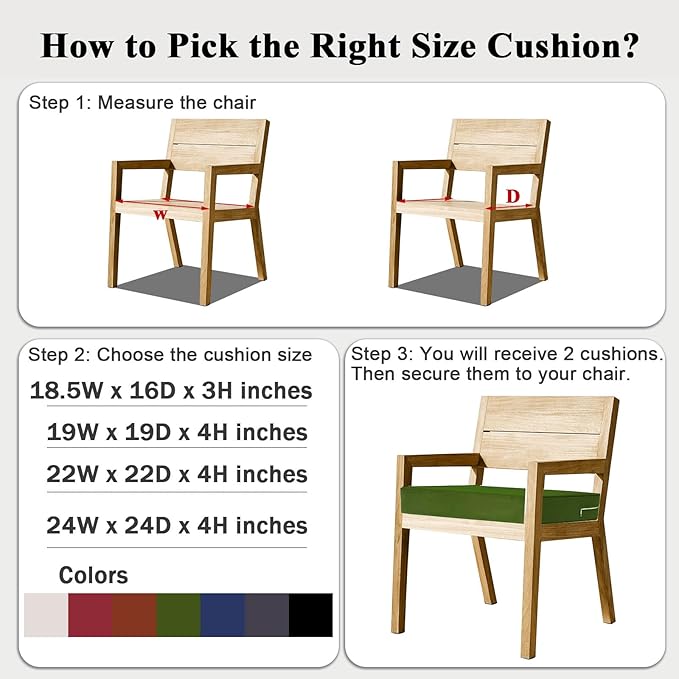 Outdoor Chair Cushions Set of 2 for Patio Furniture 19x19x4 Inch Waterproof Patio Chair Cushion 3 Year Color Fastness Square Elastic Foam Garden Couch Pads with Ties and Handle,Green-VerdiqueGarden