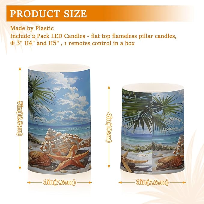 Flickering Flameless Candles, Starfish Seashell Beach Palm LED Candles with Remote Timer, Set of 2 Battery Operated Candle for Valentine Wedding Birthday-VerdiqueGarden