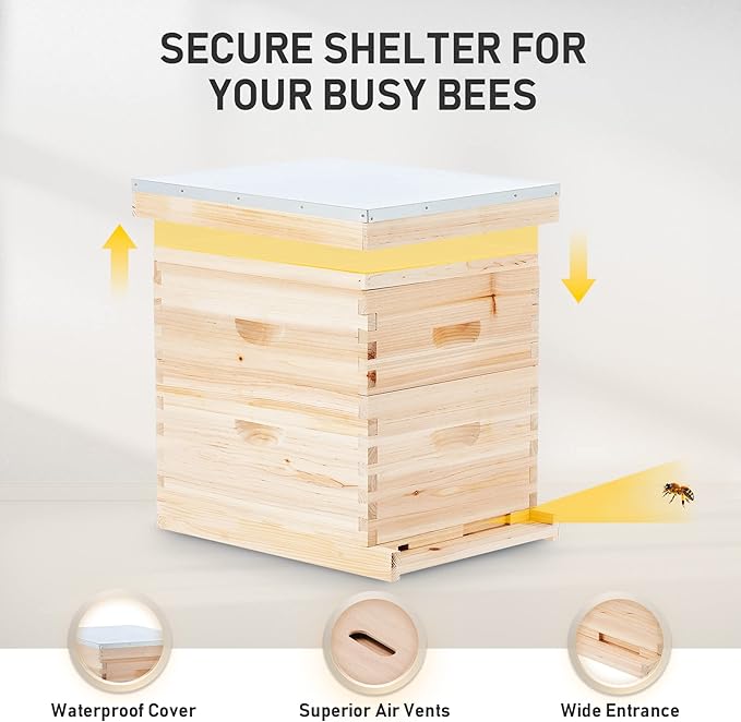 CREWORKS Bee Hive Boxes 10 Frame Langstroth Beehive, Bee Keeping Starter Kit Includes 1 Super Bee Box & 1 Bee Brood Box with Beehive Frames and Foundation, 2 Layers Complete Bee Hive Kit-VerdiqueGarden