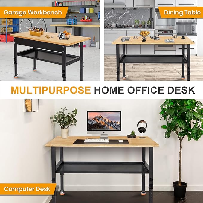 48"/60'' Adjustable Workbench, Rubber Wood Work Bench Heavy-Duty with Partition,2000 LBS Load Capacity Hardwood Work Table for Garage, Workshop, Home, Office, Easy Assembly (w/partition,48'')-VerdiqueGarden