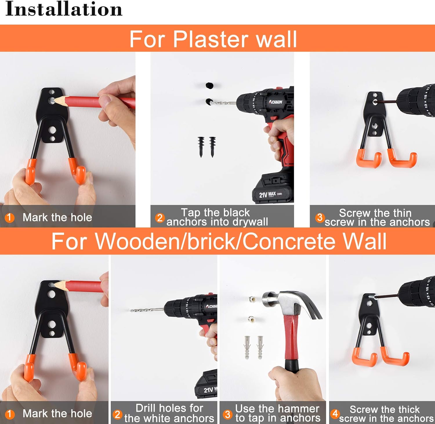 AOBEN Garage Hooks Heavy Duty, Steel Garage Storage Hooks, Utility Tool Hangers and Combinable Wall Mount for Organizing Ladders, Bikes, Hoses, and More Equipment (Small J, 4 Pack)-VerdiqueGarden