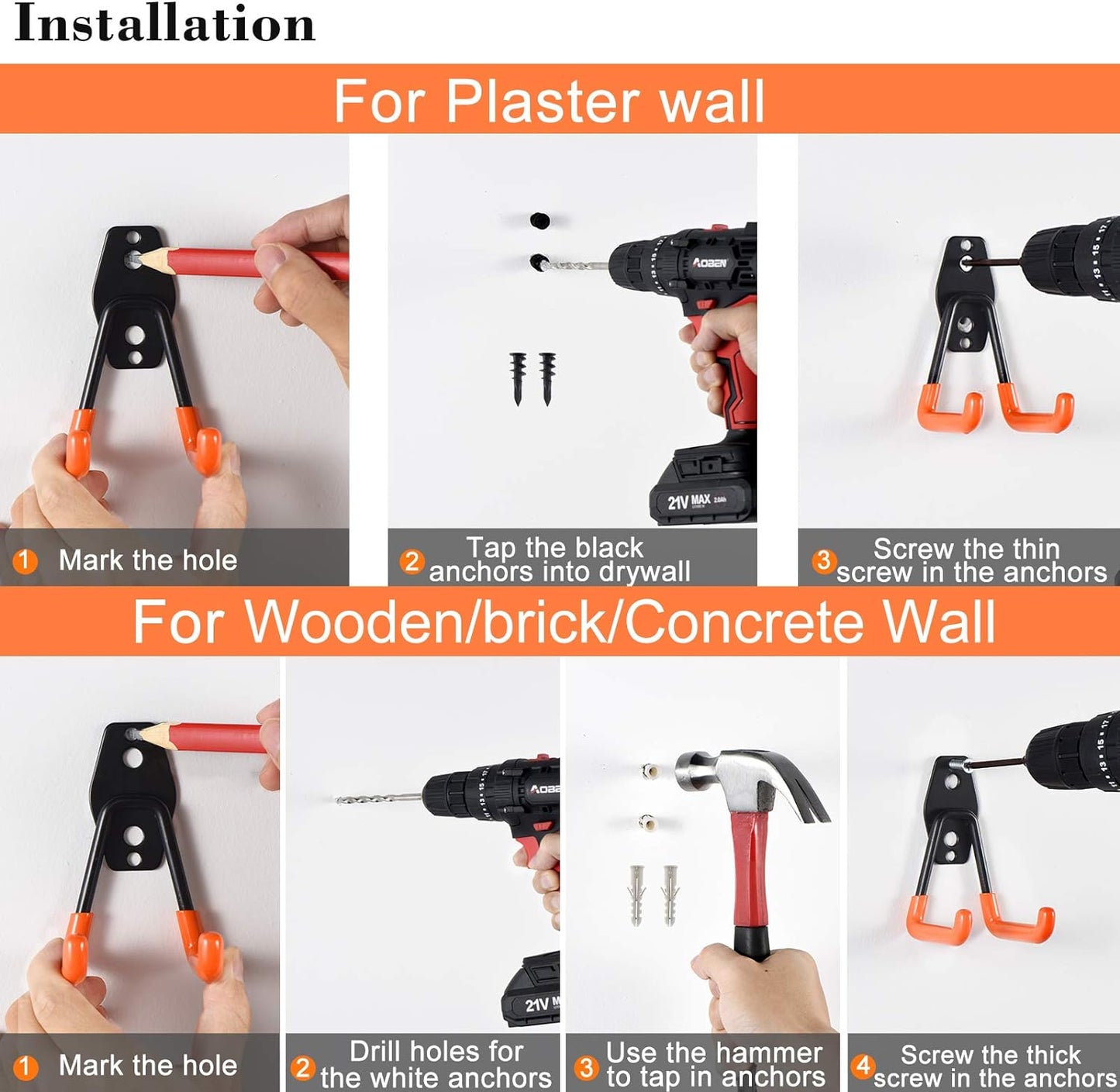 AOBEN Garage Hooks Heavy Duty, Steel Garage Storage Hooks, Utility Tool Hangers and Combinable Wall Mount for Organizing Ladders, Bikes, Hoses, and More Equipment (Large J, 4 Pack)-VerdiqueGarden