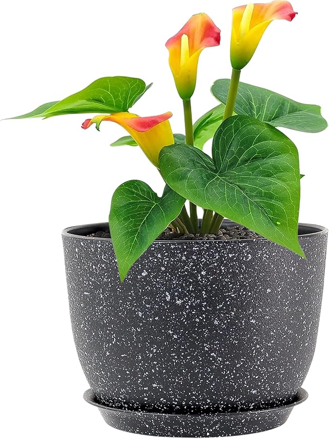 12 inch Big Plant Pots, Plastic Planters with Drainage Holes and Trays, Large Flower Pots for Indoor Outdoor Plants, Modern Decorative Pots for Garden House Plants, Speckled Black-VerdiqueGarden