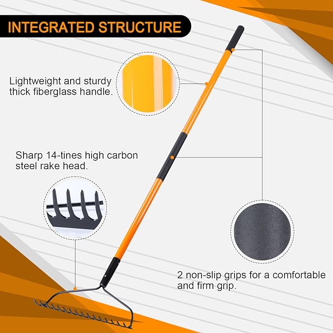 Garden Rake for Gardening, Heavy Duty Garden Rake for Lawns, 14 Tines Bow Rake with Fiberglass Handle, 58 Inches-VerdiqueGarden