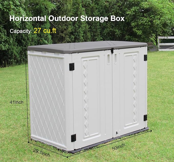 KINYING Outdoor Storage Shed-Horizontal Storage Cabinet Waterproof for Garden, Patios, Backyards, 35 Cu.ft Resin Tool Shed for Garbage Cans, Small Tools, Lawn Mower,Off-White Color-VerdiqueGarden