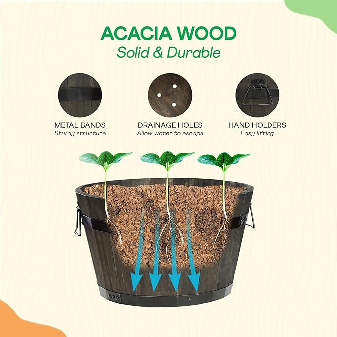 IDZO Set of 3 Wooden Flower Planters for Outdoor Plants, Acacia Wood Barrel Planters, Ergonomic Handles, Drainage Holes, Various Sizes, Black-VerdiqueGarden
