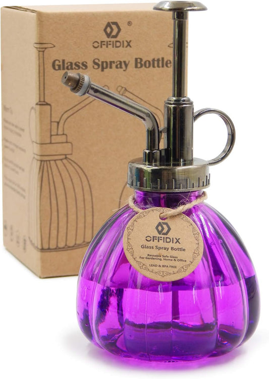 OFFIDIX Glass Watering Spray Bottle, 6.3" Tall Vintage Style Plant Mister with Bronze Plastic Top Pump One Hand Watering Can Glass Spary Bottle (Dark Purple)-VerdiqueGarden