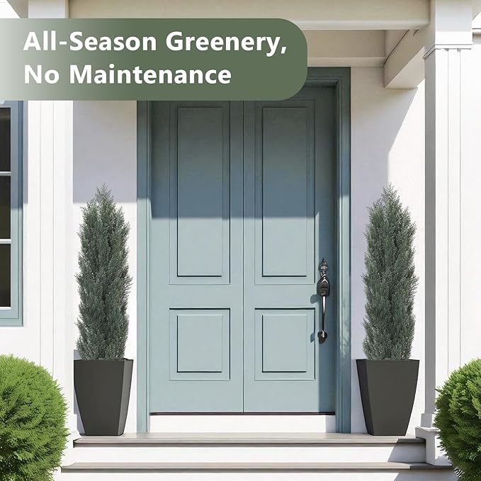 THE BLOOM TIMES 5ft Topiary Trees Artificial Outdoor – UV Resistant Faux Cedar Pine Cypress Bushes and Shrubs, Fake Potted Plants for Front Porch Outside Planter Patio Decor, Set of 2 (5 Foot)-VerdiqueGarden