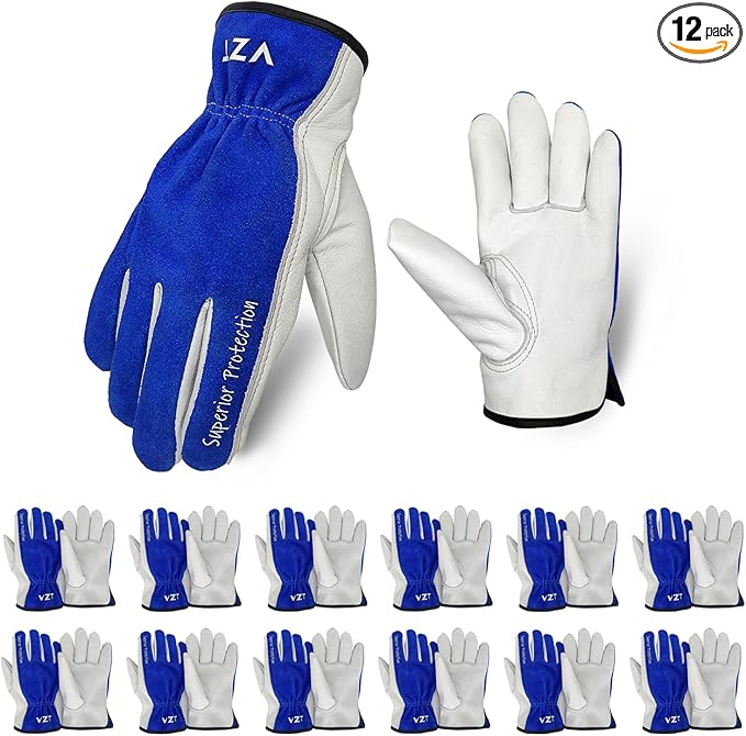 12 Pairs Bulk Leather Work Gloves for Men or Women for Construction, Wood cutting, Driving, Gardening, Automotive Repair, Water Resistant, Soft, Cowhide, Class 4 Abrasion Resistant, Blue-White, M-VerdiqueGarden