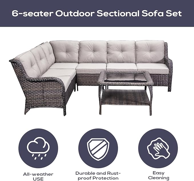 Outdoor Furniture Sectional Sofa L Shaped Couch - Patio Wicker Set with Coffee Table, 3 Piece Rattan Patio Conversation Sets with Beige Cushion for Deck Backyard Sunroom-VerdiqueGarden