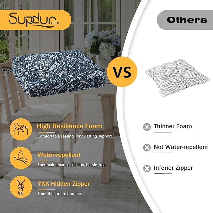 Outdoor Square Corner Seat Cushion, 19"x19"x3", Set of 4, Non Slip Seat Cushion Pads with Removable Cover for Patio Furniture, Garden Yard Lawn, Damask Vine-VerdiqueGarden