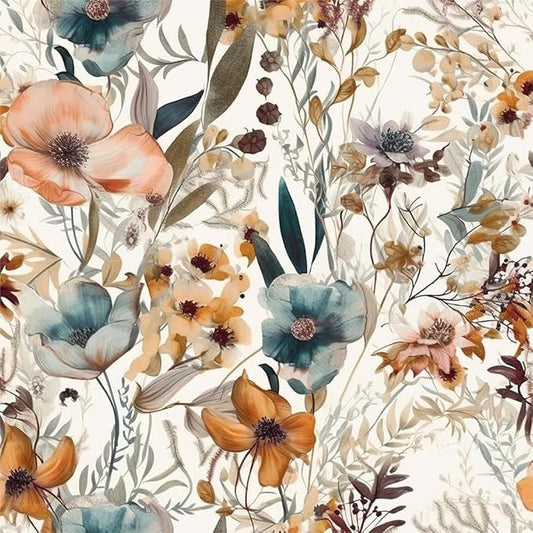 Boho Light Brown Flowers Teal Blue Floral Leaf Plants Vintage Watercolor Peel and Stick Wallpaper Self Adhesive Removable Easy Peel Off Stick on Wall Paper for Bedroom Cabinet Renter-VerdiqueGarden