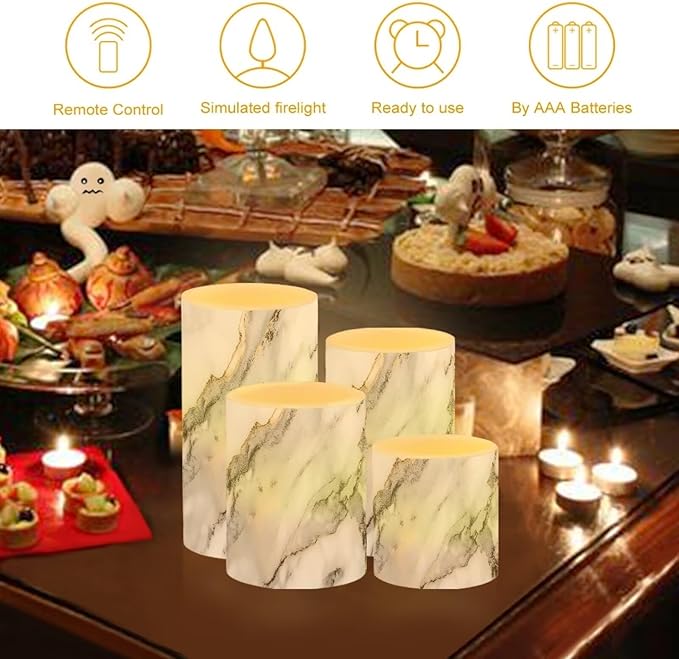 Flameless LED Candles Electric Candles with Remote Timer Control Color Changing Long Lasting Pillar Candles Tealights for Home Indoor Outdoor Decoration Pack of 4, Grey White Marble-VerdiqueGarden