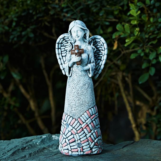 Angel Garden Statues Outdoor Solar Decor Gifts for Women Cross Praying for Cemetery Backyard Lawn Yard Decoration（10.24inch）-VerdiqueGarden