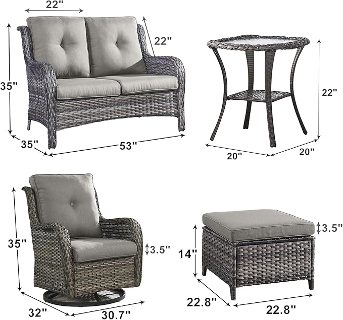 Outdoor Wicker Patio Furniture Set - 6 Piece Rattan Patio Conversation Set with 2 Rocking Swivel Chairs,2 Ottomans,1 Loveseat and 1 Side Table for Porch Deck Backyard Garden(Mixed Grey/Grey)-VerdiqueGarden