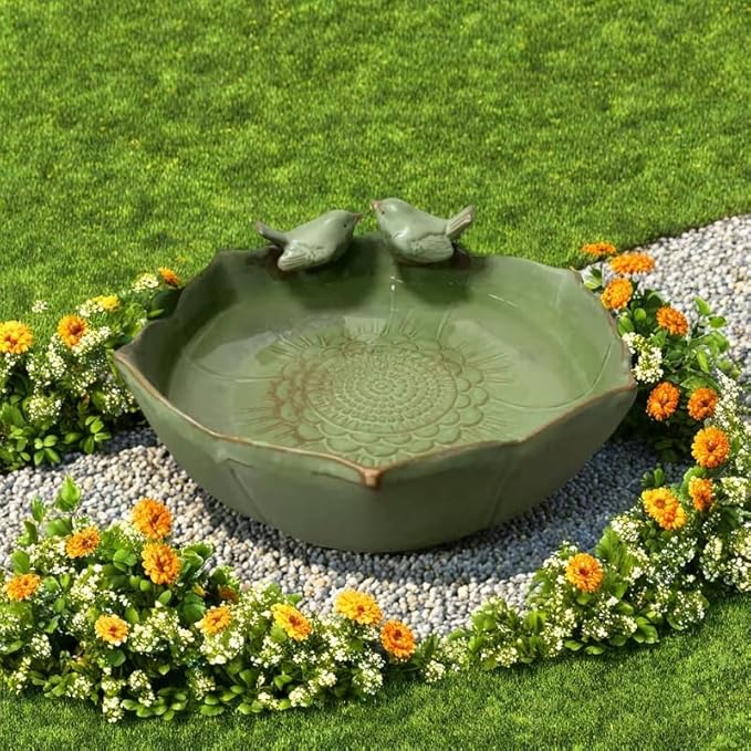 Bird Bath for Outside on Ground, 10 in Ceramic Birds Bath Bowl, Handmade Ground Bird Feeders and birdbath for Outdoors for Outdoors, Garden, Tabletop, Balcony and Lawn (Big - shallow)-VerdiqueGarden