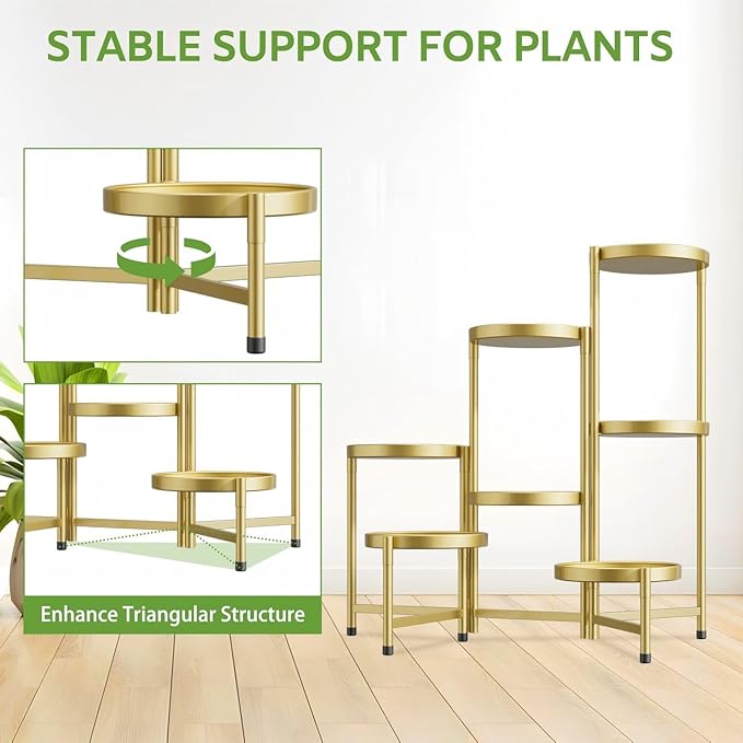 iDavosic.ly 7 Tier Large Plant Stand Indoor, 10 Inch Wide Tall Corner Metal Plant Stands Outdoor for Multiple Plants, Folding Tiered Flower Display Holder Rack Shelf, Gold-VerdiqueGarden