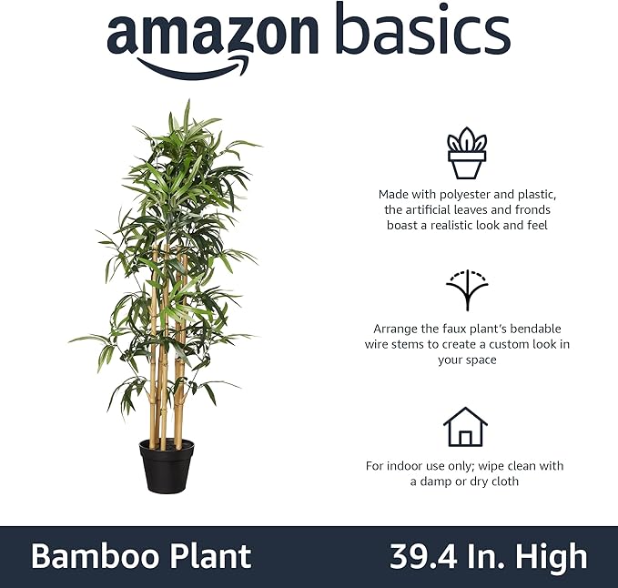 Amazon Basics Artificial Fake Bamboo Plant with Plastic Planter Pot, 39.4", Green-VerdiqueGarden