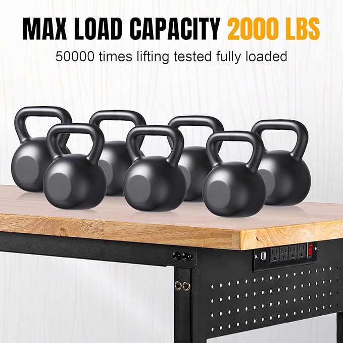 Height Adjustable Workbench 60”×22” Heavy Duty Work Table 2000 LBS Load Capacity Rubber Wood Work Station with Power Outlet & Pegboard for Garage, Office, Workshop, Home, Party Shop-VerdiqueGarden