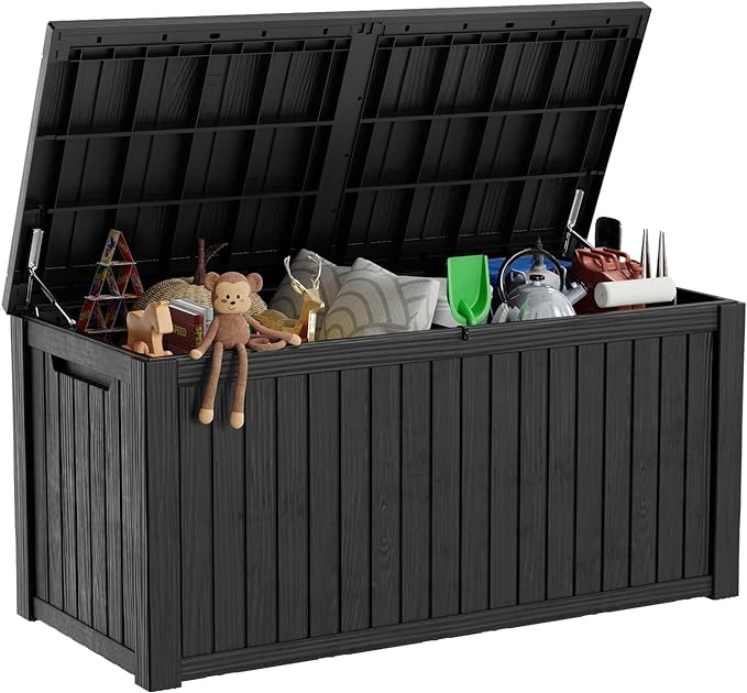 180 Gallon Deck Box,Resin Outdoor Storage Box with Lockable for Patio Furniture, Pool Accessories, Garden Tools Waterproof Outside Storage Box, Black-VerdiqueGarden