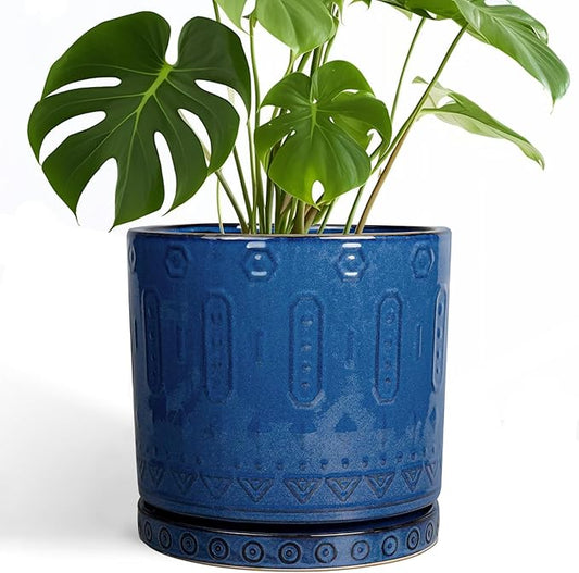 10 Inch Plant Pot - Ceramic Planter Outdoor Plant Pot Indoor with Drainage Holes and Saucer Large Flower Pot Round Decorative Planter for Garden Patio Decor Blue-VerdiqueGarden