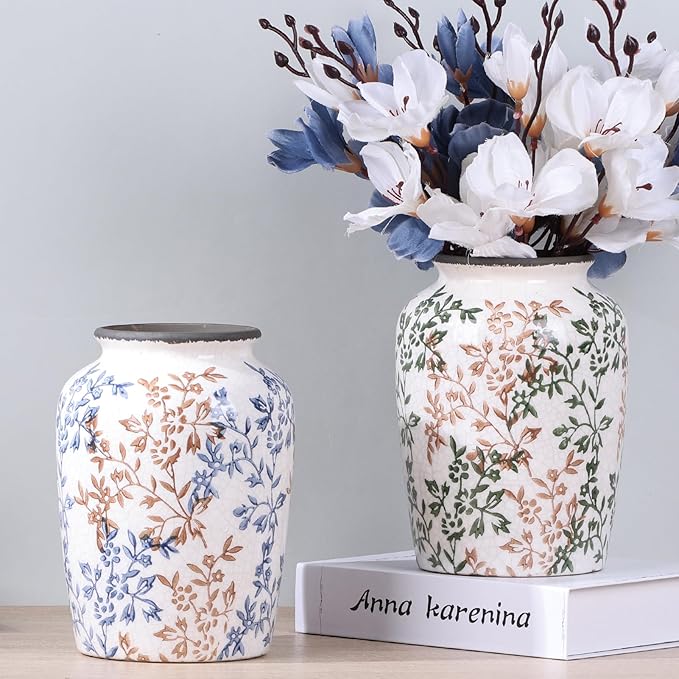 Vintage Vase for Flowers,Blue Chinoiserie Ceramic Vase,Rustic Farmhouse Cracked Vases,for Flower Arrangement,Living Room, Office, Shelf, Fireplace Tables,Centerpieces,Chinoiserie Pottery Decor(C)-VerdiqueGarden
