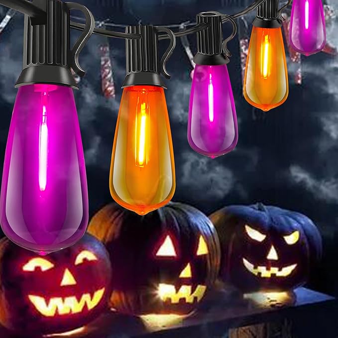 10Ft LED Outdoor String Lights, Halloween Orange Purple Lights with 10 0.6W ST40 LED Bulbs, Waterproof Connectable Patio Lights for Indoor Outdoor Backyard Garden Halloween Christmas Holiday Decor-VerdiqueGarden