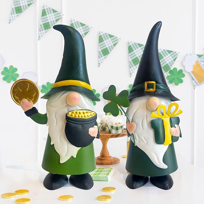 HONGLAND St. Patricks Day Decorations Outdoor Green Gnomes, Metal Gnomes Figurine Irish Leprechaun St Patricks Day Decor, Luck Shamrock Gnome for Home Outside Garden Lawn Party Yard Patio (14 INCH)-VerdiqueGarden