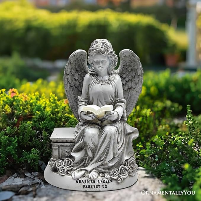 Spring & Summer-Themed Garden Statues – Adorable Outdoor Decor for Lawn, Patio & Porch (Guardian Angel Reading Book Garden Statue, 10" Solar Powered Angelic Outdoor Figurine)-VerdiqueGarden
