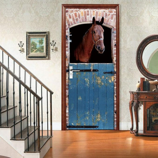 Horse 3D Door Stickers Murals - Peel & Stick - Waterproof & Washable - Matt Finish - Rustic Brown - Animal Pattern - Rectangular - Adults - All Seasons - Door & Wall - 34.6" x 78.7"-VerdiqueGarden