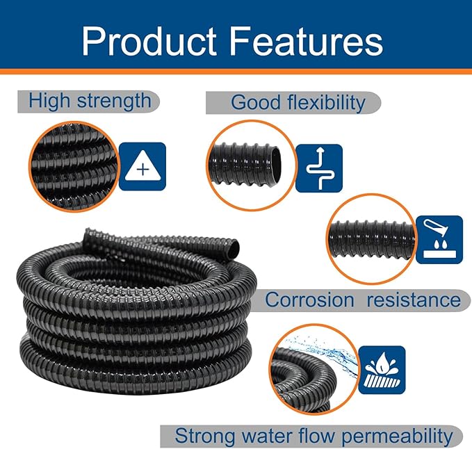 1 Inch Pond Tubing, 1" ID Corrugated Water Pipe, 20 Feet Length Flexible PVC Hose Pipe with Pipe Fittings, Aquarium, Pond Waterfall, Garden Pond Pump Drainage Tube Black-VerdiqueGarden