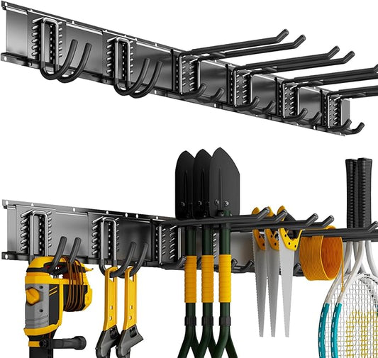 Garage Organization Tool Organizer Wall Mount, 48inch Heavy Duty Garden Tool organizer Storage System, Easy Install With 6 Adjustable Hooks, For Garage, Basement, Shed, Workshop(Black)-VerdiqueGarden