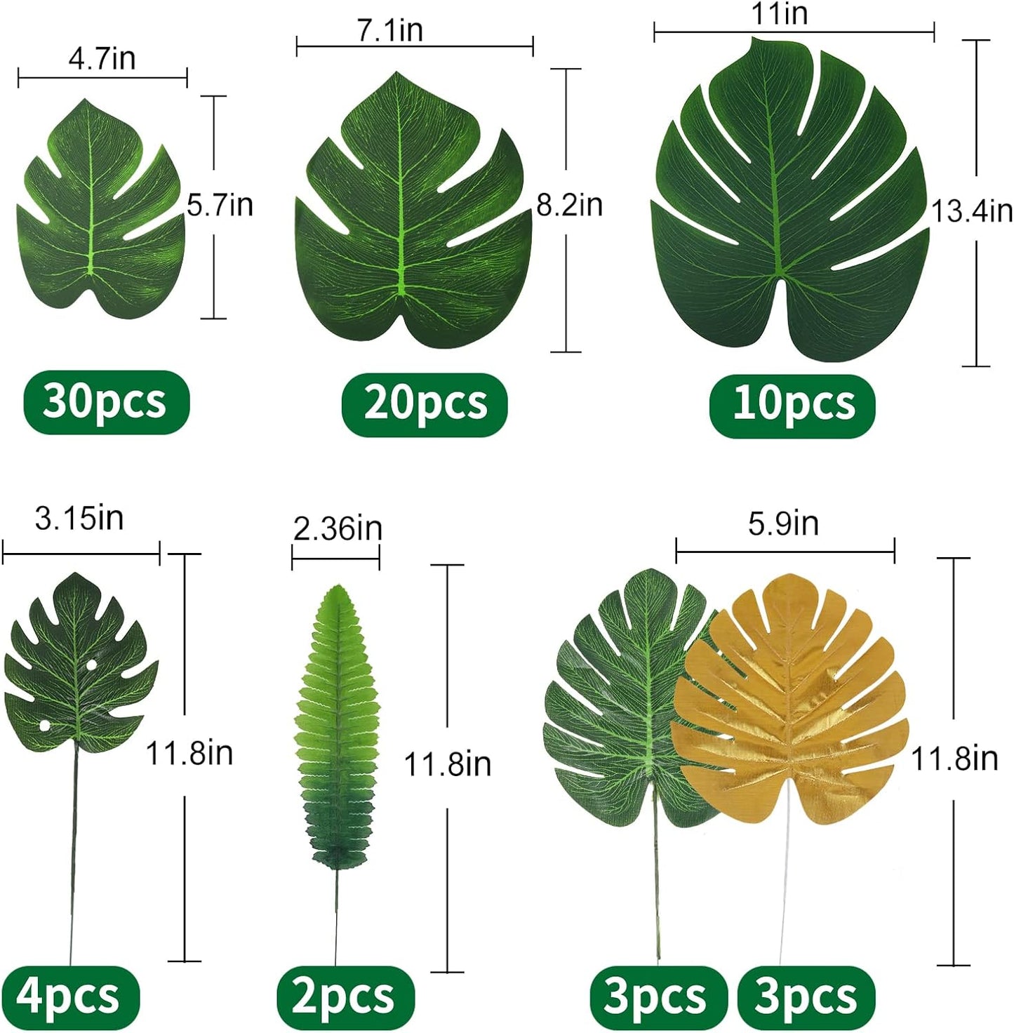 RECUTMS Artificial Tropical Palm Leaves 72Pcs 7 Kinds Green Gold Fake Monstera Leaf with Stem for Safari Jungle Hawaiian Luau Beach Baby Shower Wedding Birthday Party Table Summer Spring Decoration-VerdiqueGarden