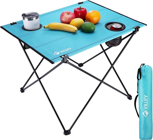 VILLEY Folding Camping Table, Lightweight Portable Beach Table with 2 Cup Holders & Carry Bag for Camping, Beach, Fishing, Travel, and Outdoor Activities (Large)-VerdiqueGarden