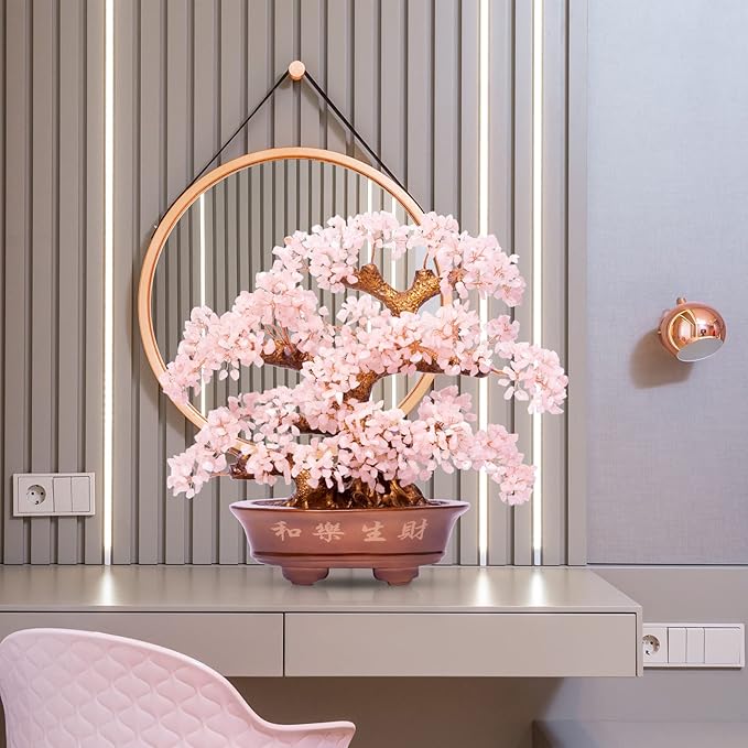 Natural Rose Quartz Tree Large,14" Chakra Crystal Tree(1,251 Gemstone Count) w/Lucky Coins Chain Healing Properties - Bonsai Feng Shui Money Tree for Love Self Care Home Office Decoration-VerdiqueGarden