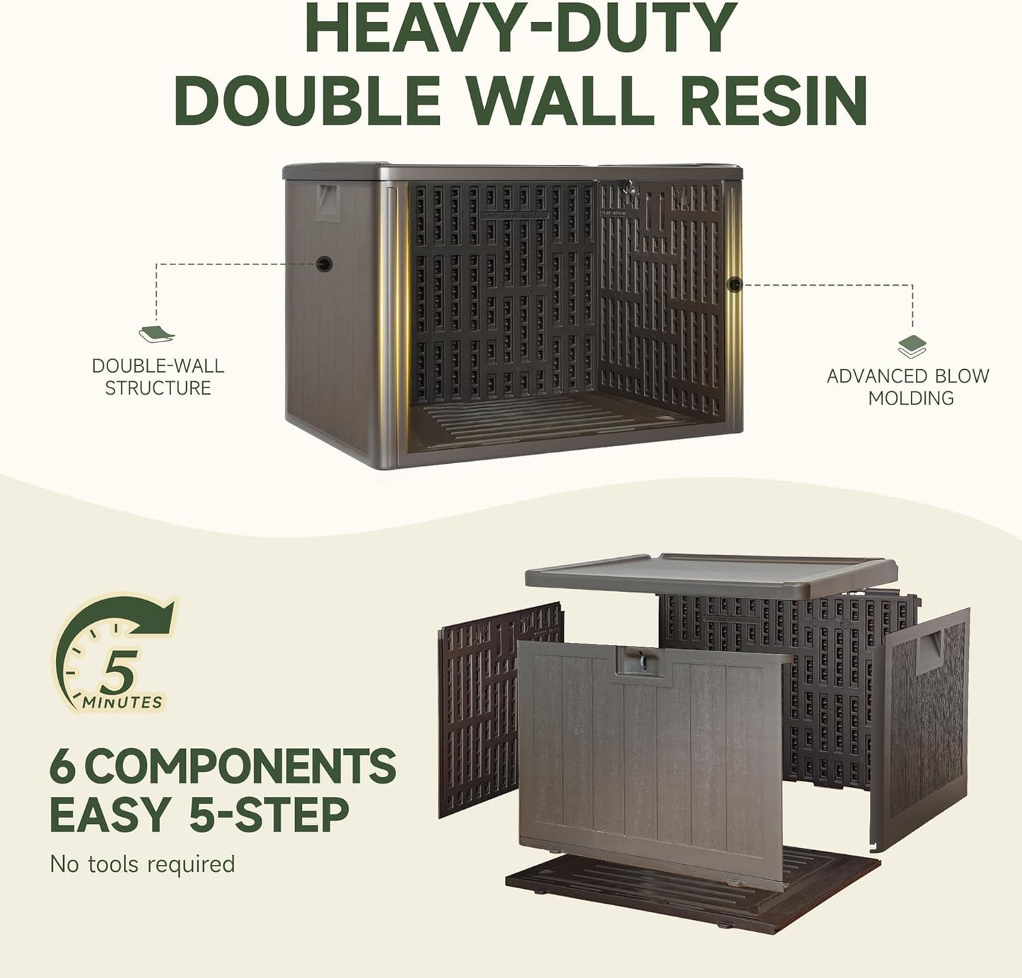 40 Gallon Deck Box, Double Layer Waterproof Resin Outdoor Indoor Storage Box, Lockable & UV Resistant Storage Bin for Patio Furniture, Garden Tools, Pool Accessories (Brown)-VerdiqueGarden