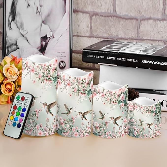 Ystardream Floral Hummingbird Flameless LED Candles Electric Candle Set with Remote Timer Color Changing Control Long Lasting for Table Centerpiece Home Indoor Decoration Pack of 4 Set-VerdiqueGarden