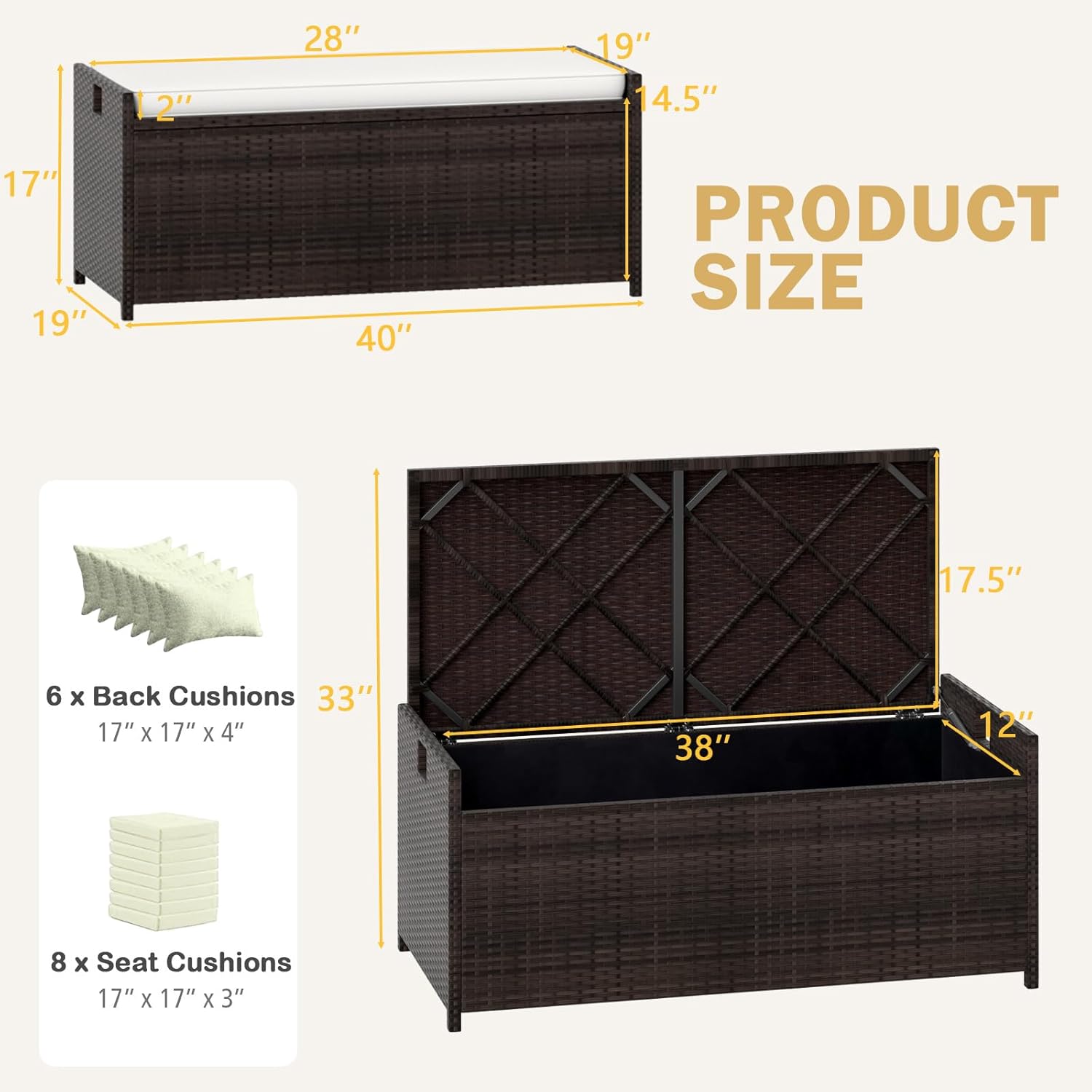 RELAX4LIFE 34-Gallon Outdoor Storage Box - Wicker Rattan Deck Box w/Seat Cushion, Waterproof Liner & Side Handles for Pillows, Patio Cushions, Pool Supplies, Garden Tools, Porch Outdoor Storage Bench-VerdiqueGarden