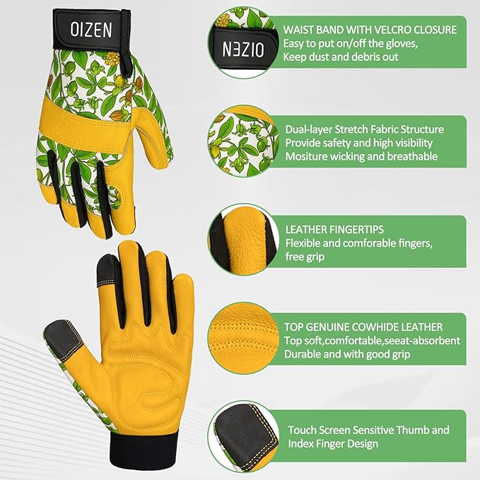 Cowhide Leather Thorn Proof & Puncture Resistant Gardening Gloves for Women, Touchscreen Compatible Working Gloves for Weeding, Digging, Planting, Gardening Gifts for Women (Green bellflowers, Medium)-VerdiqueGarden