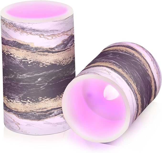 Flickering Flameless Candles, Black White Marble Gold Veins LED Candles with Remote Timer, Set of 2 Battery Operated Candle for Valentine Wedding Birthday-VerdiqueGarden