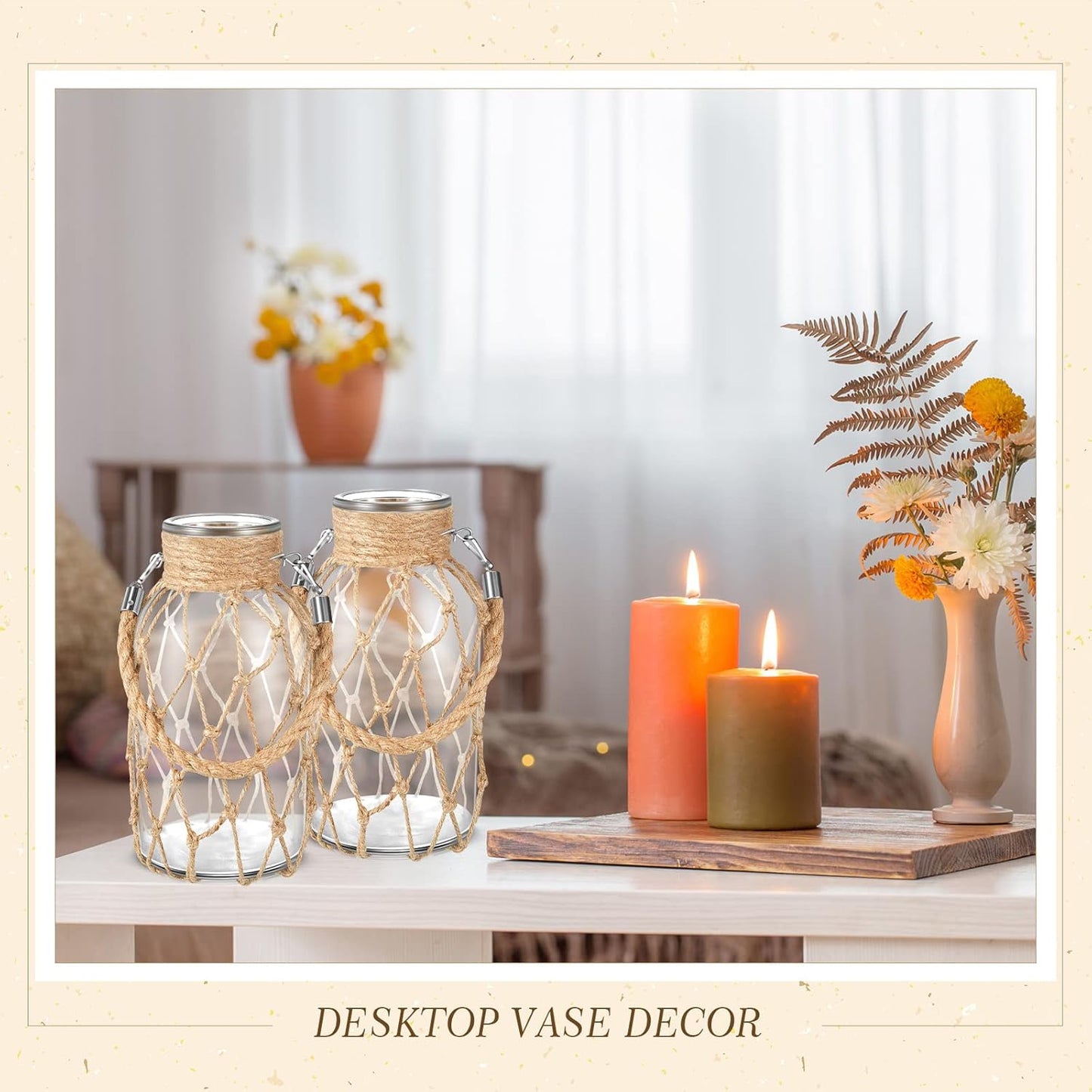 Set of 4 Rope Net Dry Flower Glass Vase 7.9 x 4 Inches Wicker Farmhouse Vase Coastal Decor for Wedding Tables Home Rustic Hanging Mason Jar Rope Wrapping Decorative Bottles Nautical Decor-VerdiqueGarden