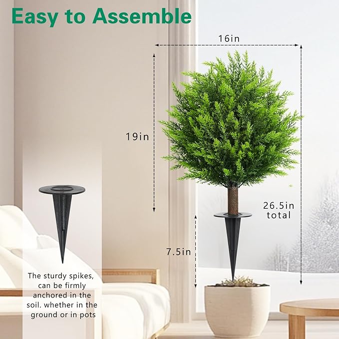 26.5" Artificial Cedar Topiary Ball Trees, Set of 2 UV Resistant Fake Evergreen Trees Shrubs Bushes Artificial Plants with Ground Spike Faux Cypress Plants for Indoor Outdoor Front Porch Garden-VerdiqueGarden