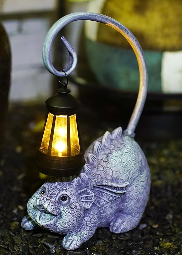 Baby Dragon Statue with Solar Lantern - Dragon Garden Decor and Housewarming Gifts for Mom, Women - Outdoor Dragon Gifts for Yard-VerdiqueGarden
