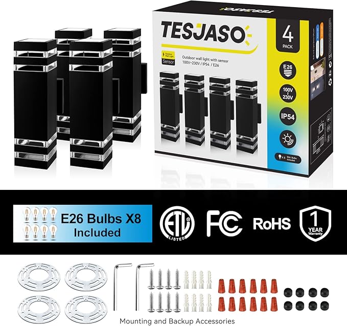 4 Pack LED Up Down Porch Wall Light, Modern Dusk to Dawn Outdoor Lighting, Aluminum IP65 Waterproof Exterior Light Fixture, Square Wall Light Sconce for Patio House-VerdiqueGarden