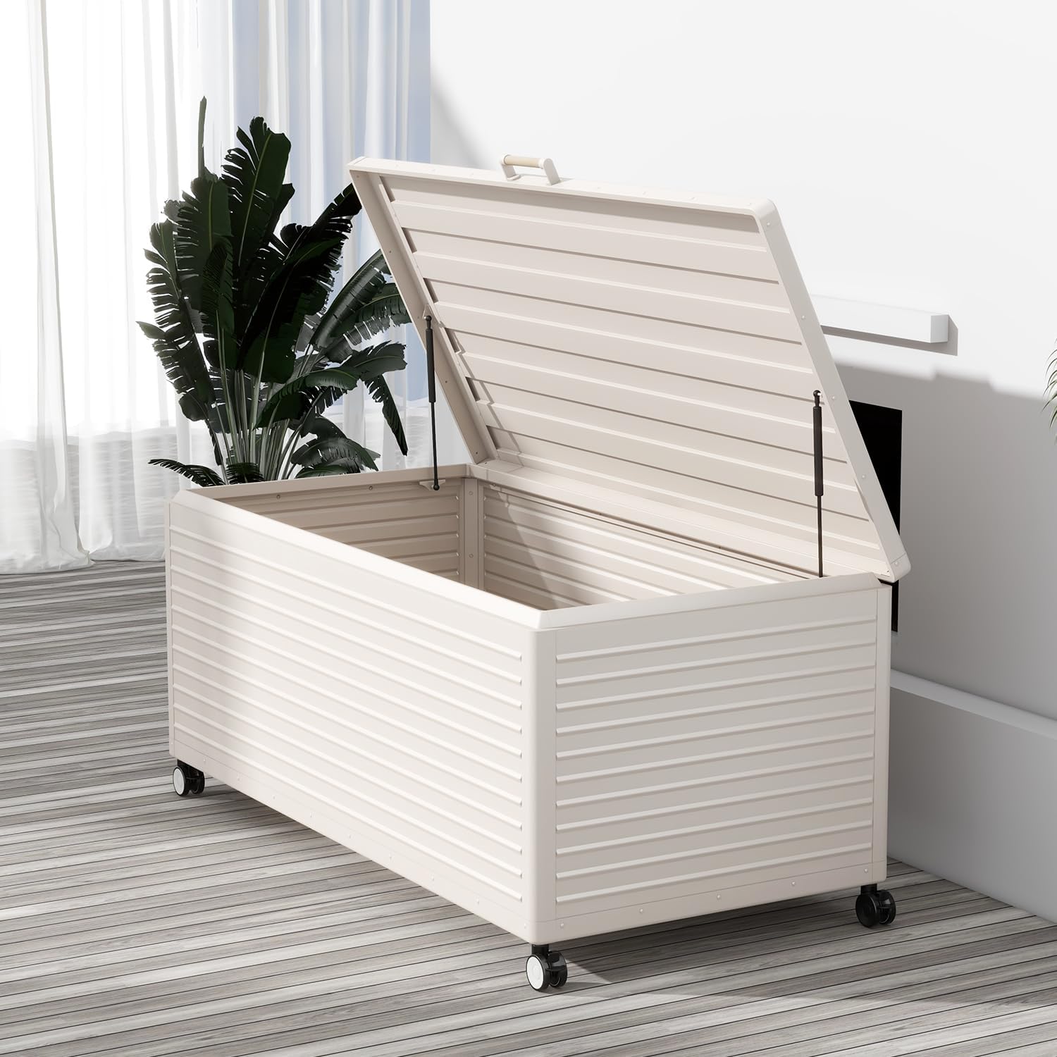 281 Gallon Large Outdoor Metal Deck Box with Wheels, Storage Box with Lid for Patio Furniture, Garden Tools, Outdoor Cushion, Latte-VerdiqueGarden