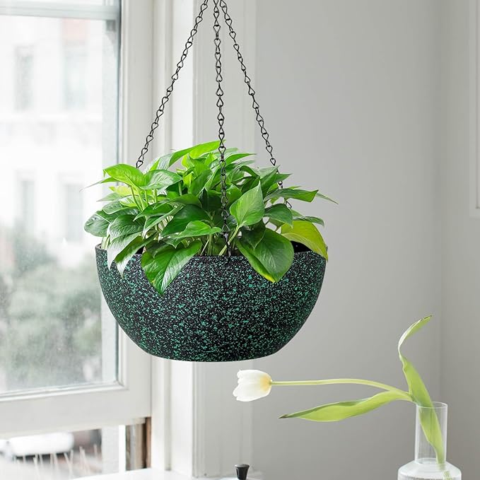 10inch Hanging Planters for Outdoor Indoor Plants with Drainage Holes and Chain, 2 Pack Round Hanging Flower Pots for Garden Home Porch Decor, Black with Green Speckles-VerdiqueGarden