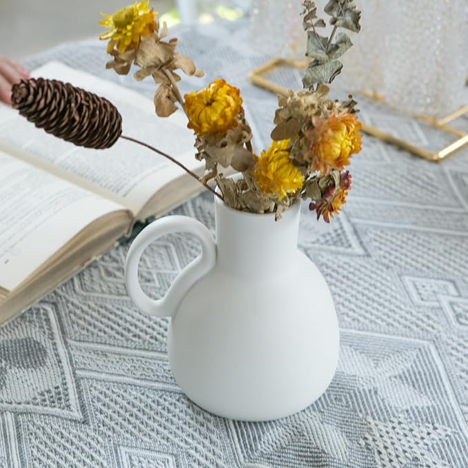 White Ceramic Vase Set - 2 Small Vases with Handle, Pottery Vases for Modern Home Decor, Minimalist Matte Pitcher for Fowers, Decorative Clay Vase Centerpiece Dining Table Decorations-VerdiqueGarden