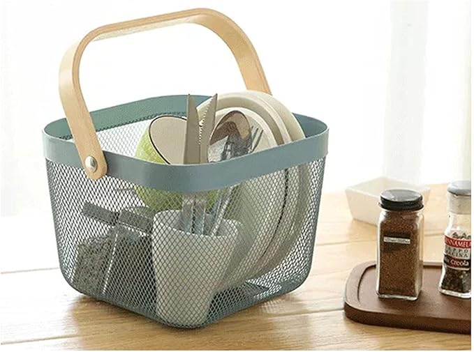 Metal Mesh Steel Basket, Storage Organizer Basket Multi-functional Hanging Kitchen Baskets Fruit Basket Bin with Bamboo Handle for Kitchen Bathroom Picnic Shopping Decor Cabinet Home, Blue-VerdiqueGarden