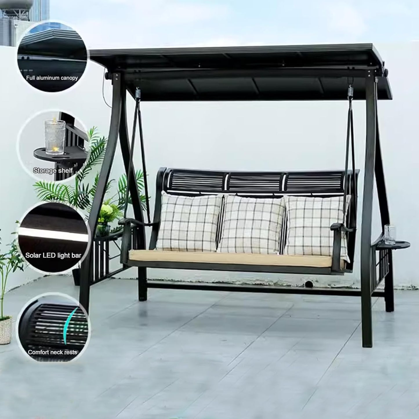 2/3-Seat Outdoor Patio Porch Swing with Adjustable Aluminum Alloy Canopy Solar Patio Swing Chair Bench with Footrest Side Cup Holder for Backyard Lawn (Manchester Without Footrest-3 Seat)-VerdiqueGarden